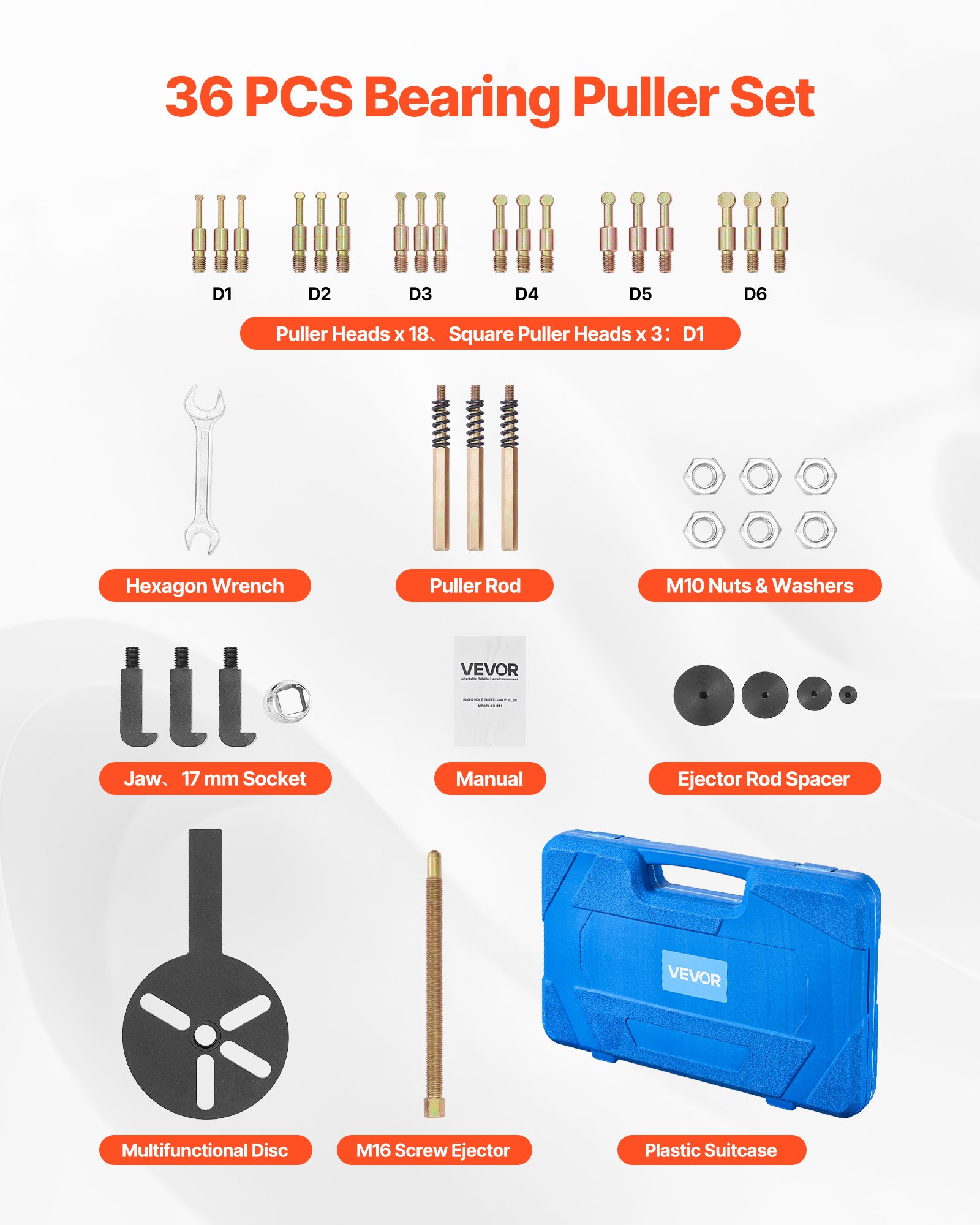 VEVOR 36-in-1 Bearing Puller Set, 36 PCS 3-Jaw Hook Puller for Internal External Bearings and Bearing Without Inner Shaft, Multifunctional Bearing Removal Tool with Heavy Duty Portable Storage Case