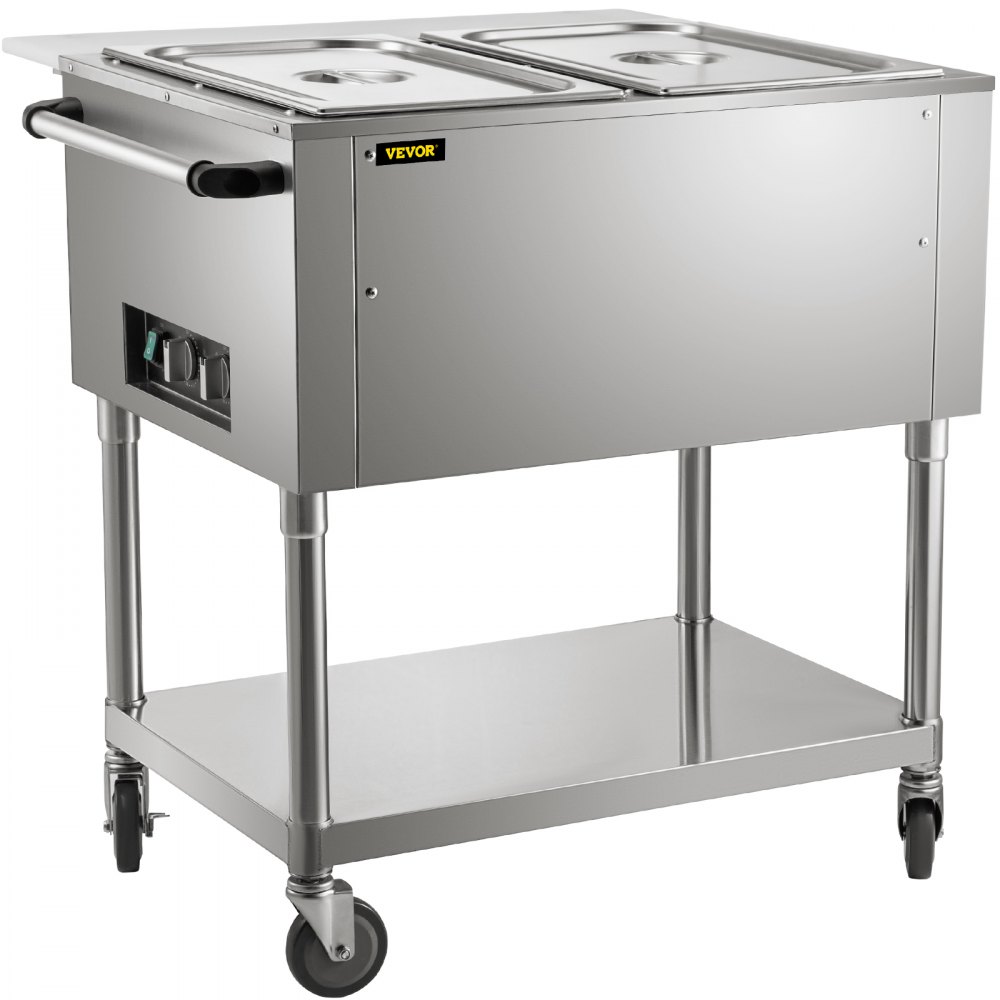 VEVOR Commercial Electric Food Warmer, 2-Pot Steam Table Food Warmer 0-100 w/ 2 Lockable Wheels, Professional Stainless Steel