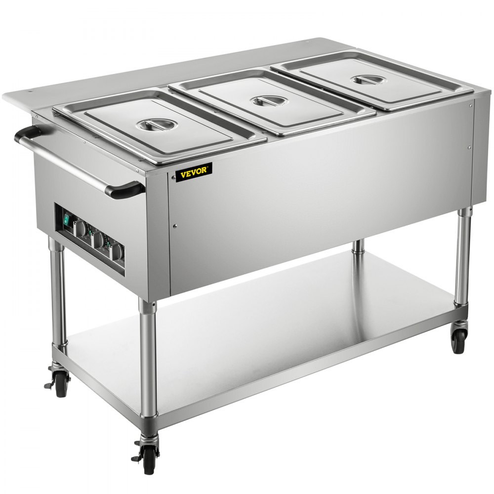 VEVOR Commercial Electric Food Warmer 3-Pot Steam Table Food Warmer 0-100°C w/ 2 Lockable Wheels Professional Stainless Steel Material with ETL