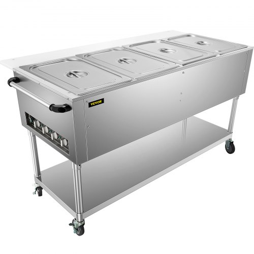 VEVOR Commercial Electric Food Warmer, 4-Pot Steam Table Food Warmer 0-100℃ w/ 2 Lockable Wheels, Professional Stainless Steel Material with ETL Certification for Catering and Restaurants