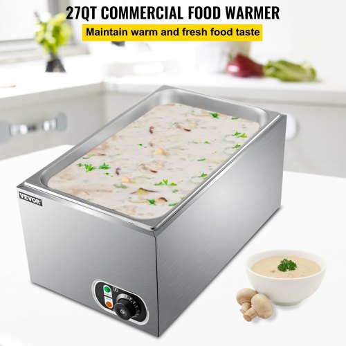 VEVOR Steam Table Warmer, 27 Qt Commercial Food Warmer, Full Size Countertop Food Warmer, Stainless Steel Electric Steam Table, 1000W Buffet Food Warmer with Lid for Catering and Restaurant