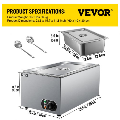 VEVOR Steam Table Warmer, 27 Qt Commercial Food Warmer, Full Size Countertop Food Warmer, Stainless Steel Electric Steam Table, 1000W Buffet Food Warmer with Lid for Catering and Restaurant