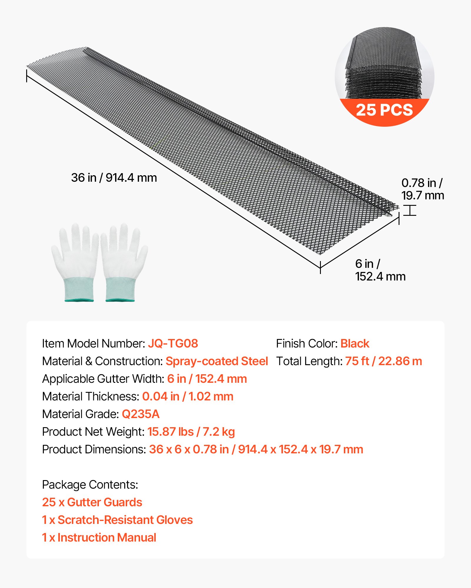 VEVOR Gutter Guard, 6 in Powder-Coated Steel Gutter Screen, Heavy-Duty 75 ft Length, 0.04 in Thickness, Leaf Guard for Debris and Leaves, Easy DIY Install, Fits 6" Standard Systems, 25 Pack, Black