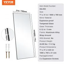 Espejo de cuerpo entero VEVOR, 71'' x 31'', espejo de pie rectangular extragrande para colgar o inclinar con marco de aleación de aluminio y vidrio templado, espejo de tocador de cuerpo entero para sala de estar y dormitorio, color negro