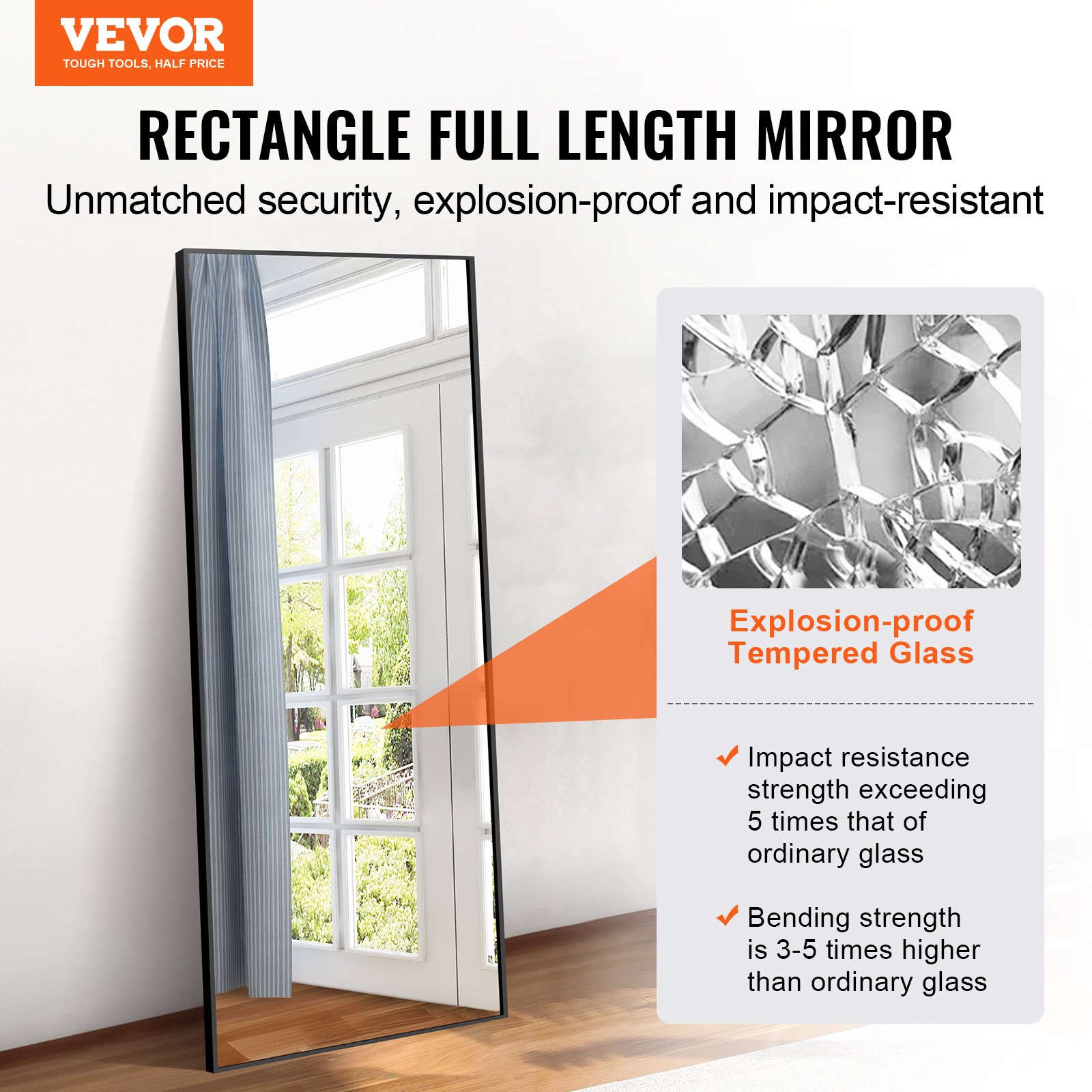 VEVOR Full Length Mirror, 1800x785 mm, Extra Large Standing Hanging or Leaning Rectangle Floor Mirror with Tempered Glass Aluminum Alloy Frame, Full Body Dressing Mirror for Living Room Bedroom, Black