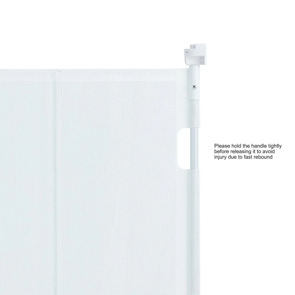 white mesh of VEVOR retractable baby gate with caution text about handle release for safety.