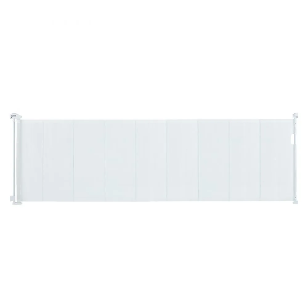 white VEVOR retractable baby gate fully extended with mesh material and sturdy end posts.