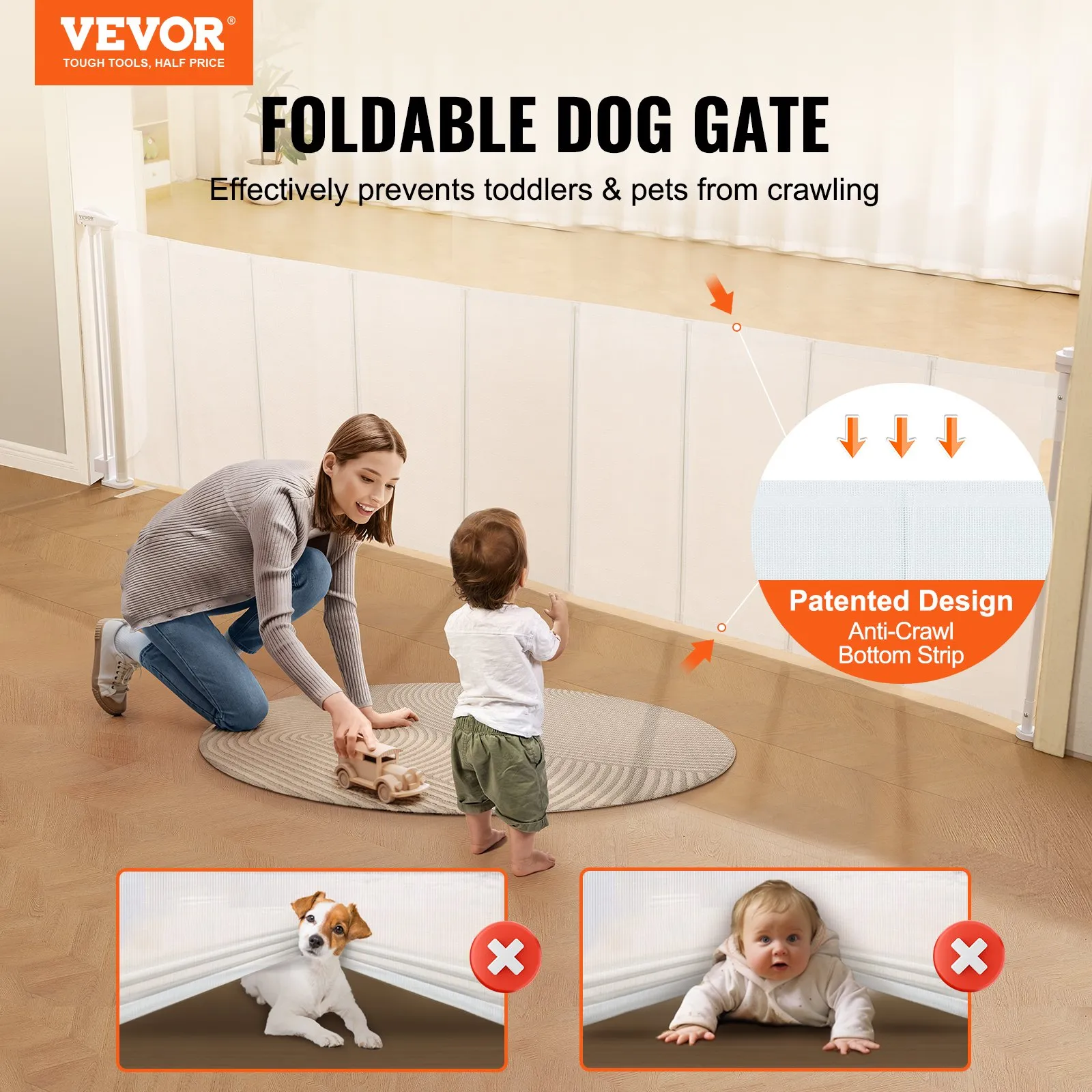 VEVOR retractable baby gate that folds, effectively prevents toddlers and pets from crawling under.