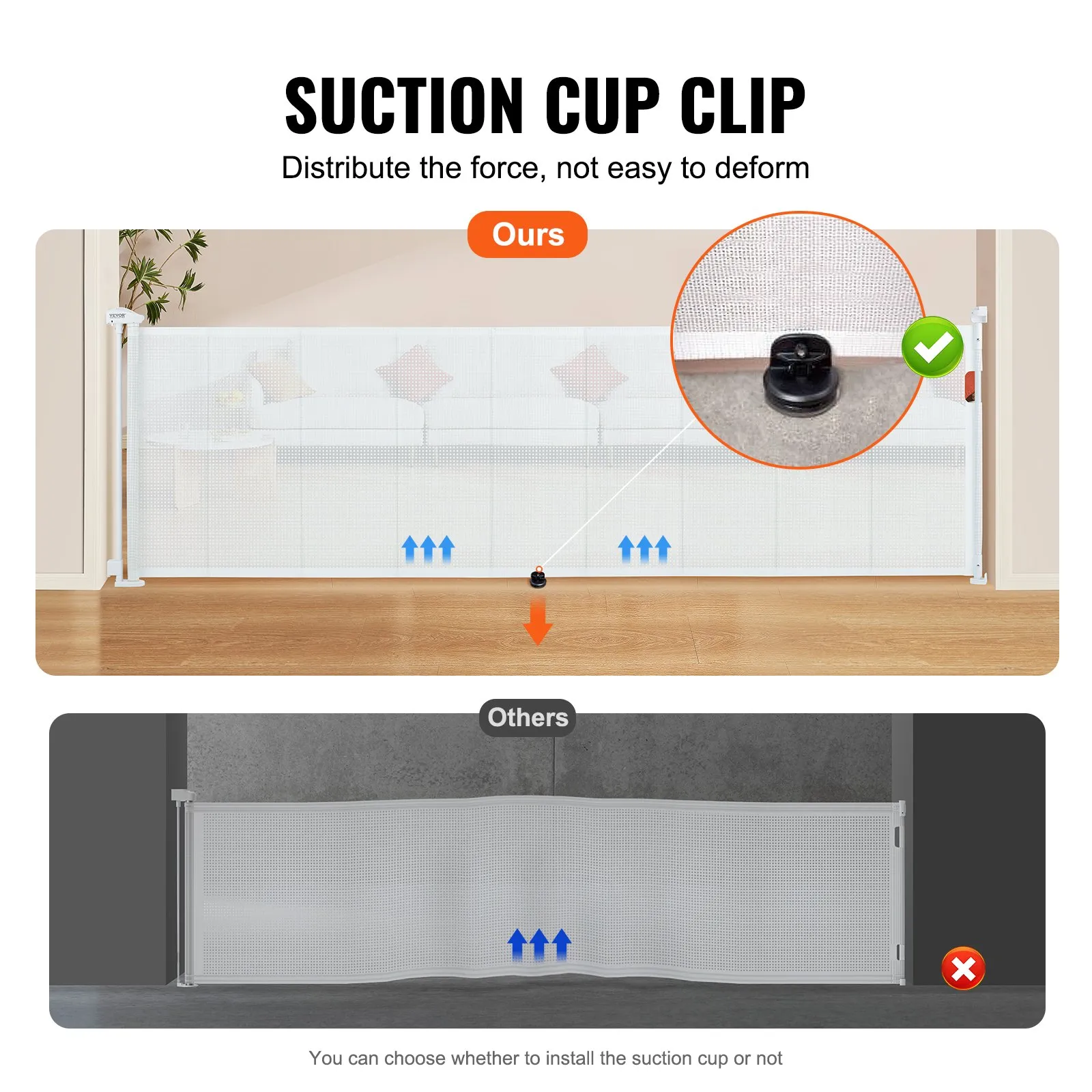VEVOR retractable baby gate with suction cup clip for secure installation, compared to other gates.