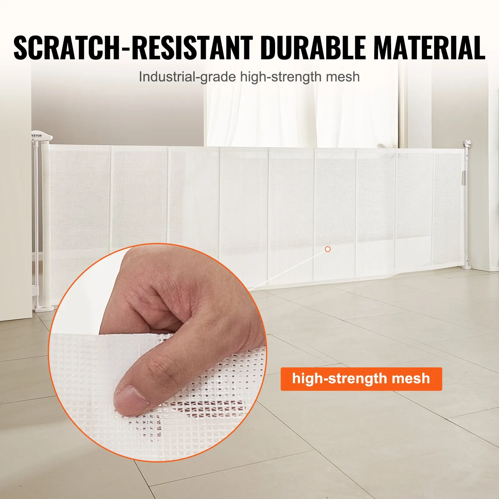VEVOR retractable baby gate with high-strength mesh, showcasing scratch-resistant durable material.