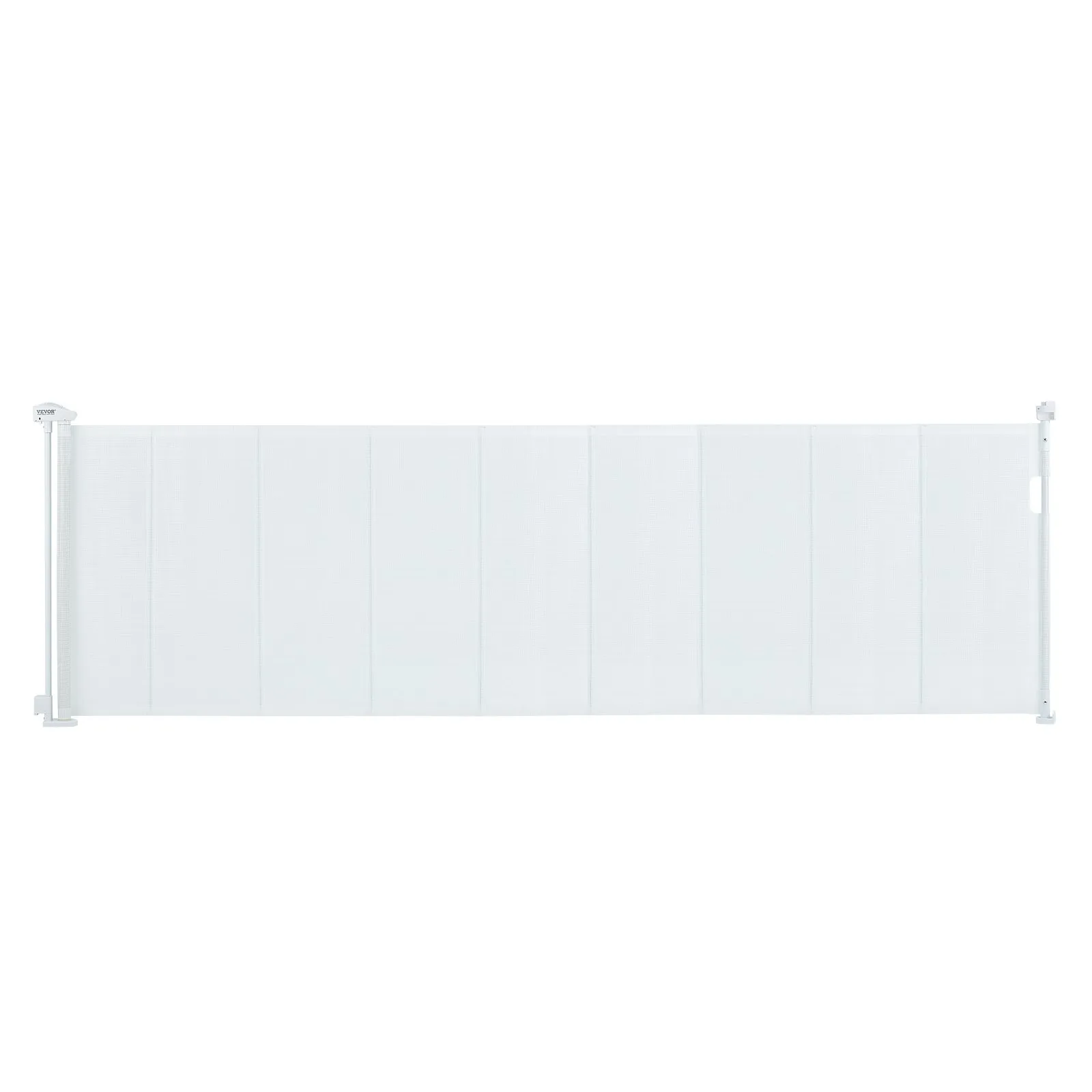 VEVOR retractable baby gate, white, fully extended, transparent mesh panel, wall-mounted installation.
