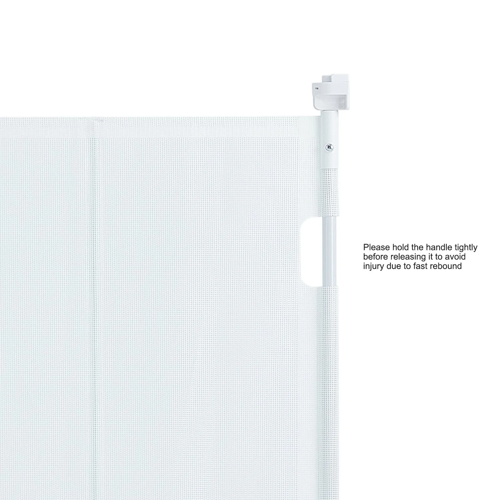 white mesh of VEVOR retractable baby gate with caution text about handle release for safety.