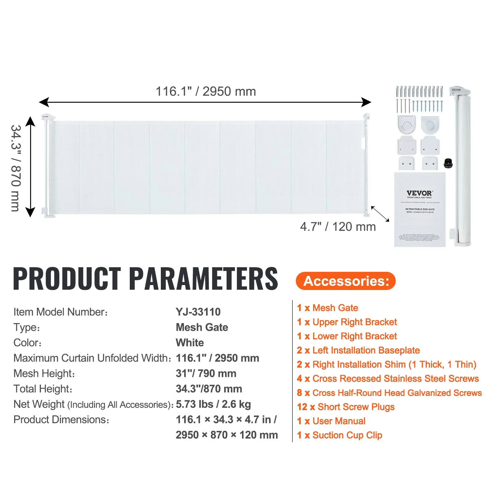 VEVOR retractable baby gate specs, white mesh, 116.1&quot;x34.3&quot;x4.7&quot;, accessories listed on the right.
