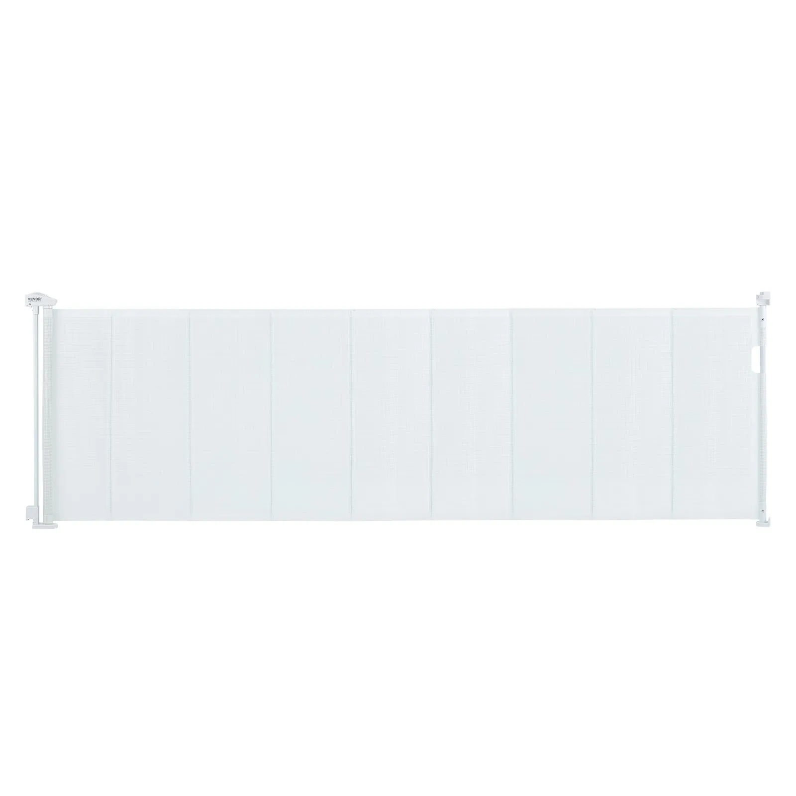 white VEVOR retractable baby gate fully extended with mesh material and sturdy end posts.