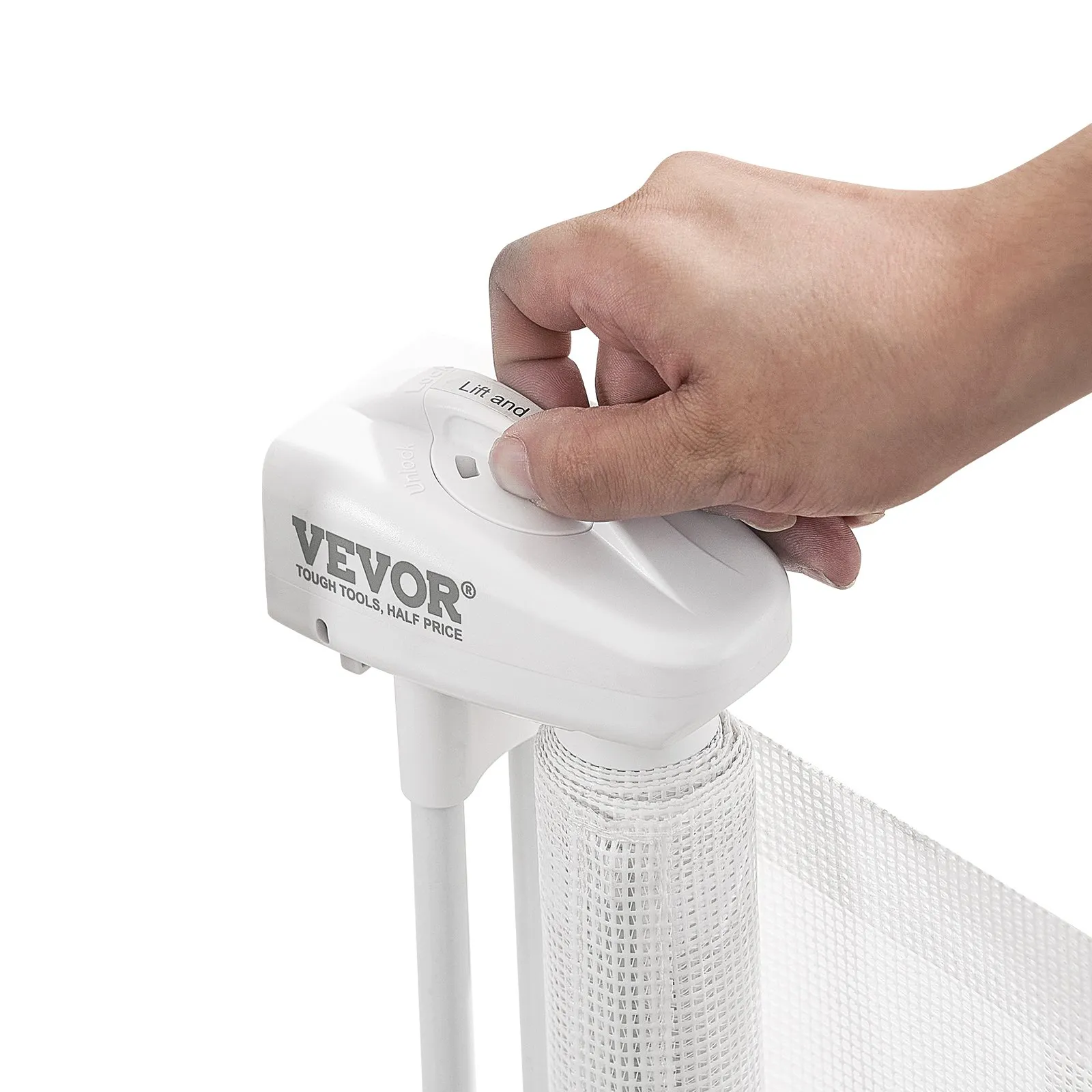 hand operating the lock mechanism on a VEVOR retractable baby gate with a white mesh design for safety.