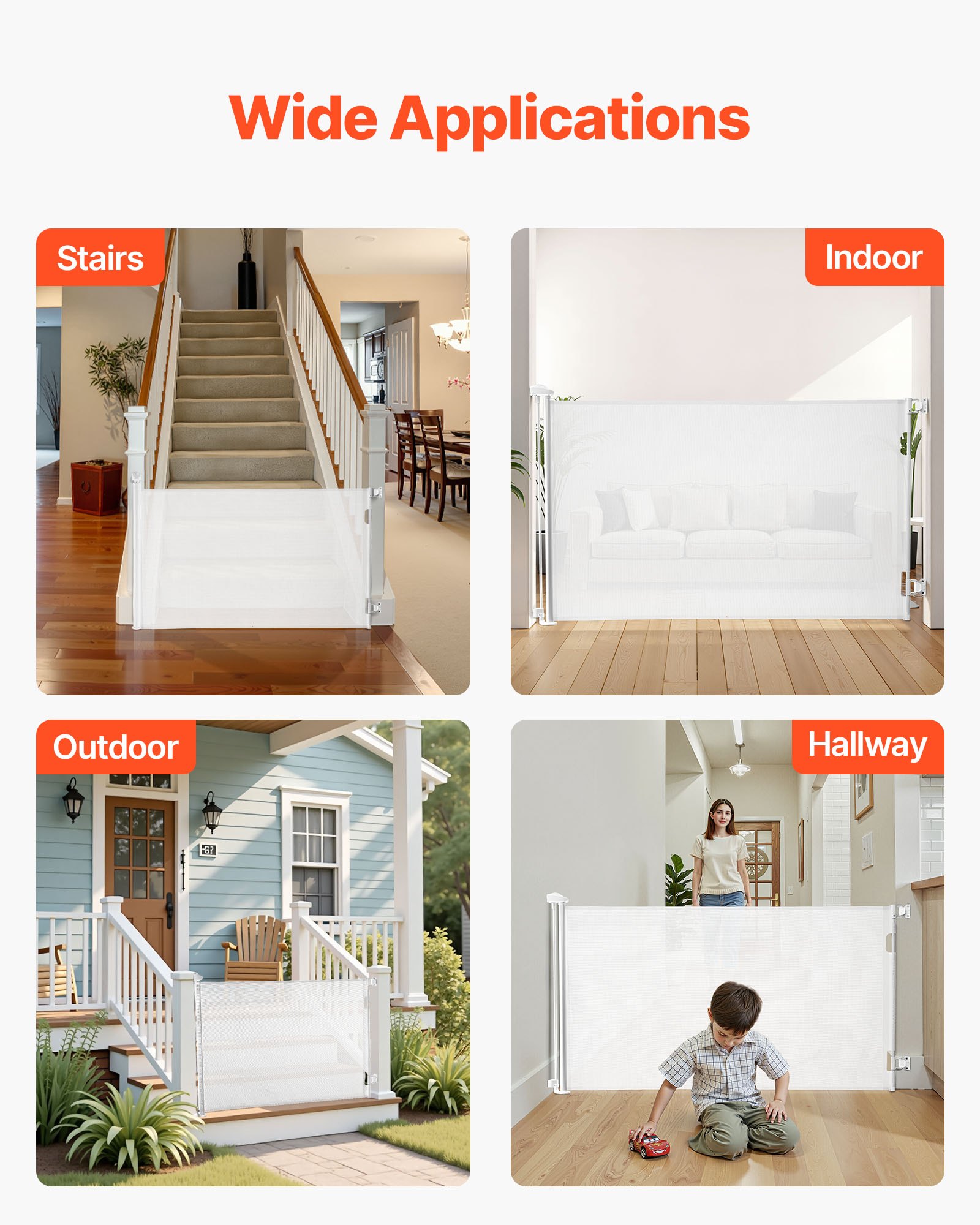 VEVOR Retractable Baby Gate, Extends to 1450 mm Wide, 980 mm Tall, with Security Lock, Easy to Use, Walk Through Without Tripping, Mesh Dog Gate for Stairs, Hallways, Indoor/Outdoor, White