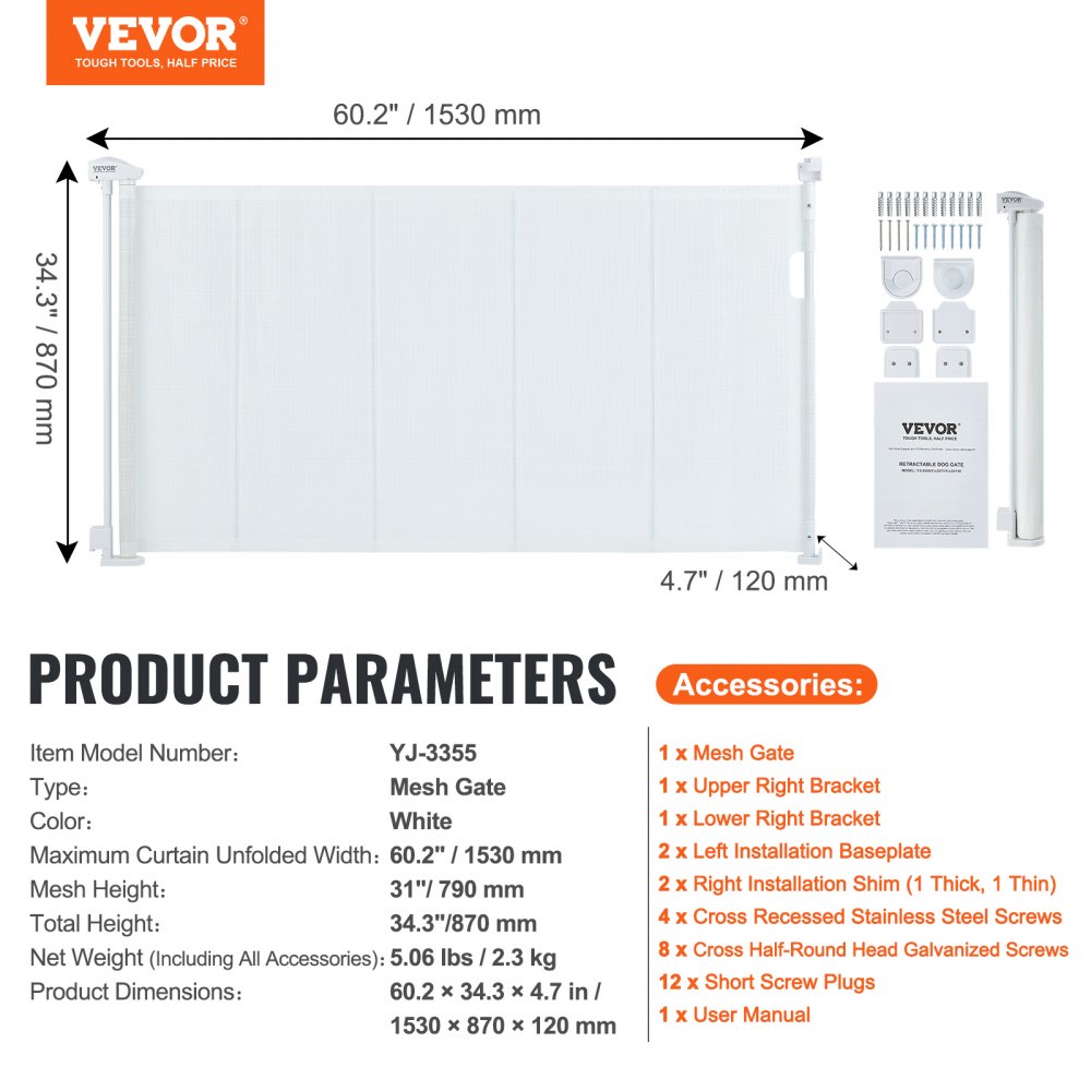 VEVOR retractable baby gate mesh, 60.2&quot; width, white, with accessories and installation tools.