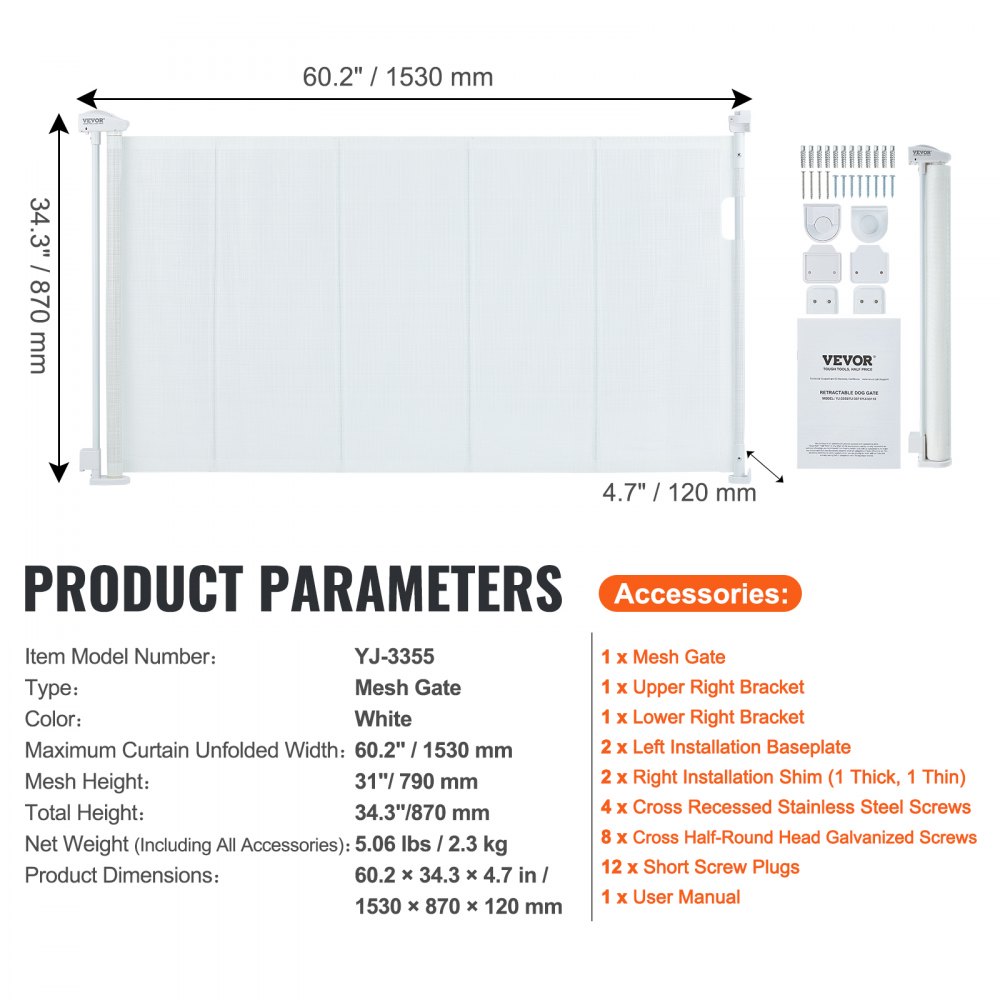 VEVOR retractable baby gate - white mesh gate, 60.2&quot; x 34.3&quot;, includes brackets, screws, and manual.