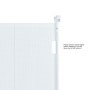 VEVOR retractable baby gate with warning note to hold handle tightly before releasing.