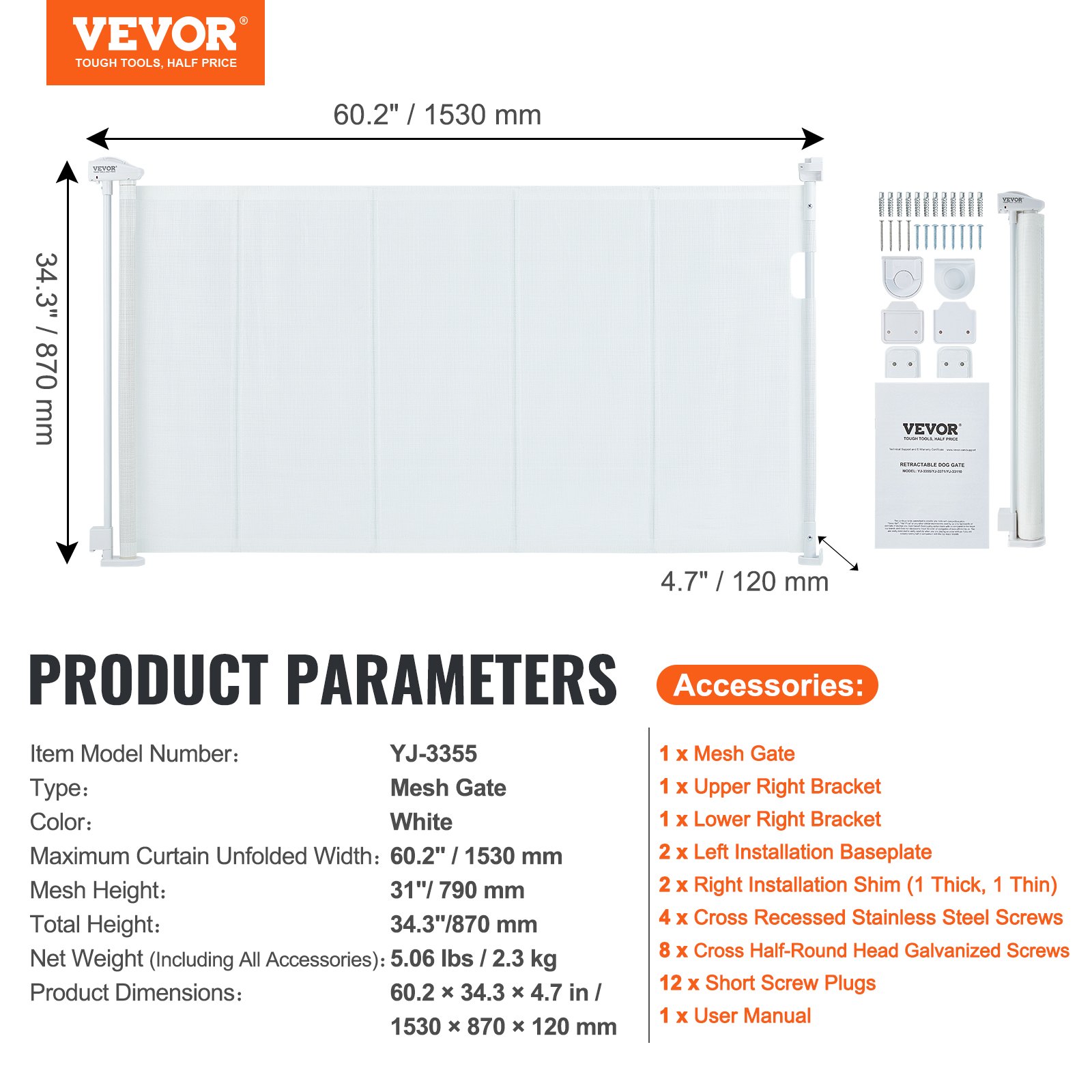 VEVOR retractable baby gate mesh, 60.2&quot; width, white, with accessories and installation tools.