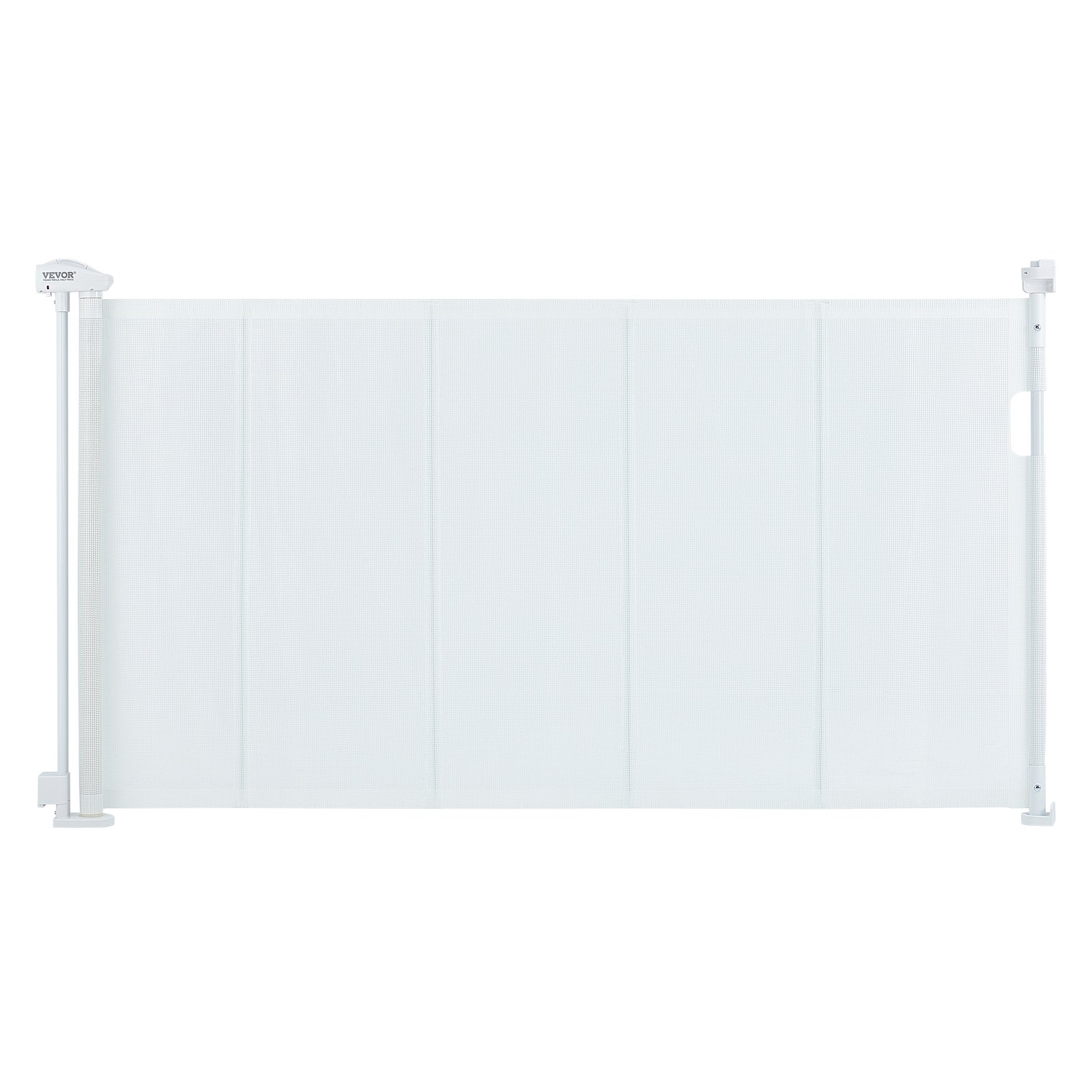 VEVOR retractable baby gate in white, secured between two walls.