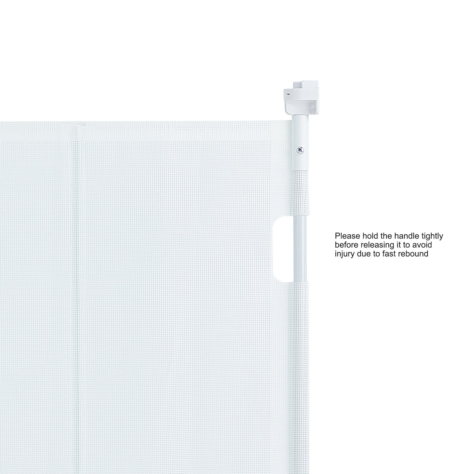 VEVOR retractable baby gate with warning note to hold handle tightly before releasing.
