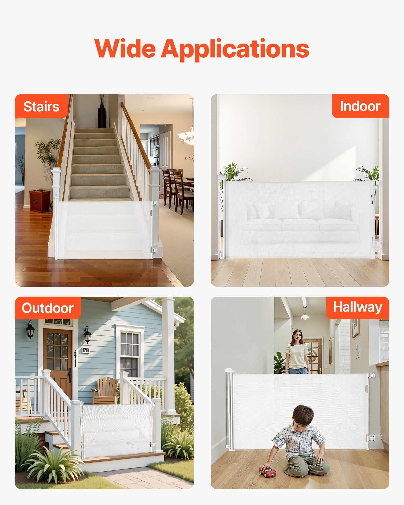 VEVOR Retractable Baby Gate, Extends to 1850 mm Wide, 795 mm Tall, with Security Lock, Easy to Use, Walk Through Without Tripping, Mesh Dog Gate for Stairs, Hallways, Indoor/Outdoor, White