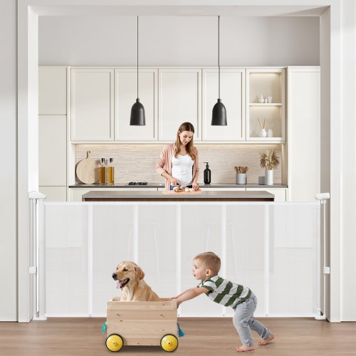 VEVOR Retractable Baby Gate, 870 mm Tall, Extends up to 1800 mm Wide, Retractable Gate for Kids or Pets, Mesh Material, Easy to Install for Indoor Stairs, Doorways, Hallways, Playrooms, White