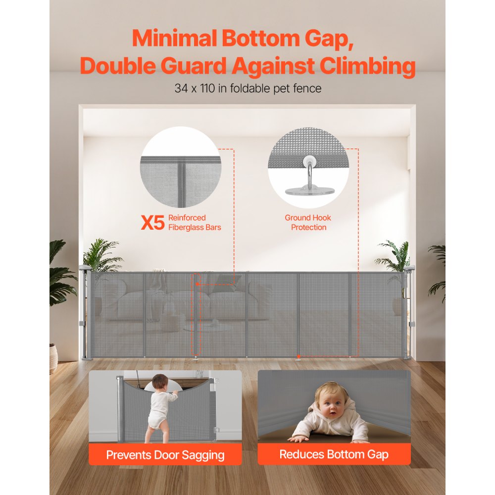 VEVOR Retractable Baby Gate, 870 mm Tall, Extends up to 2800 mm Wide, Retractable Gate for Kids or Pets, Mesh Material, Easy to Install for Indoor Stairs, Doorways, Hallways, Playrooms, Gray