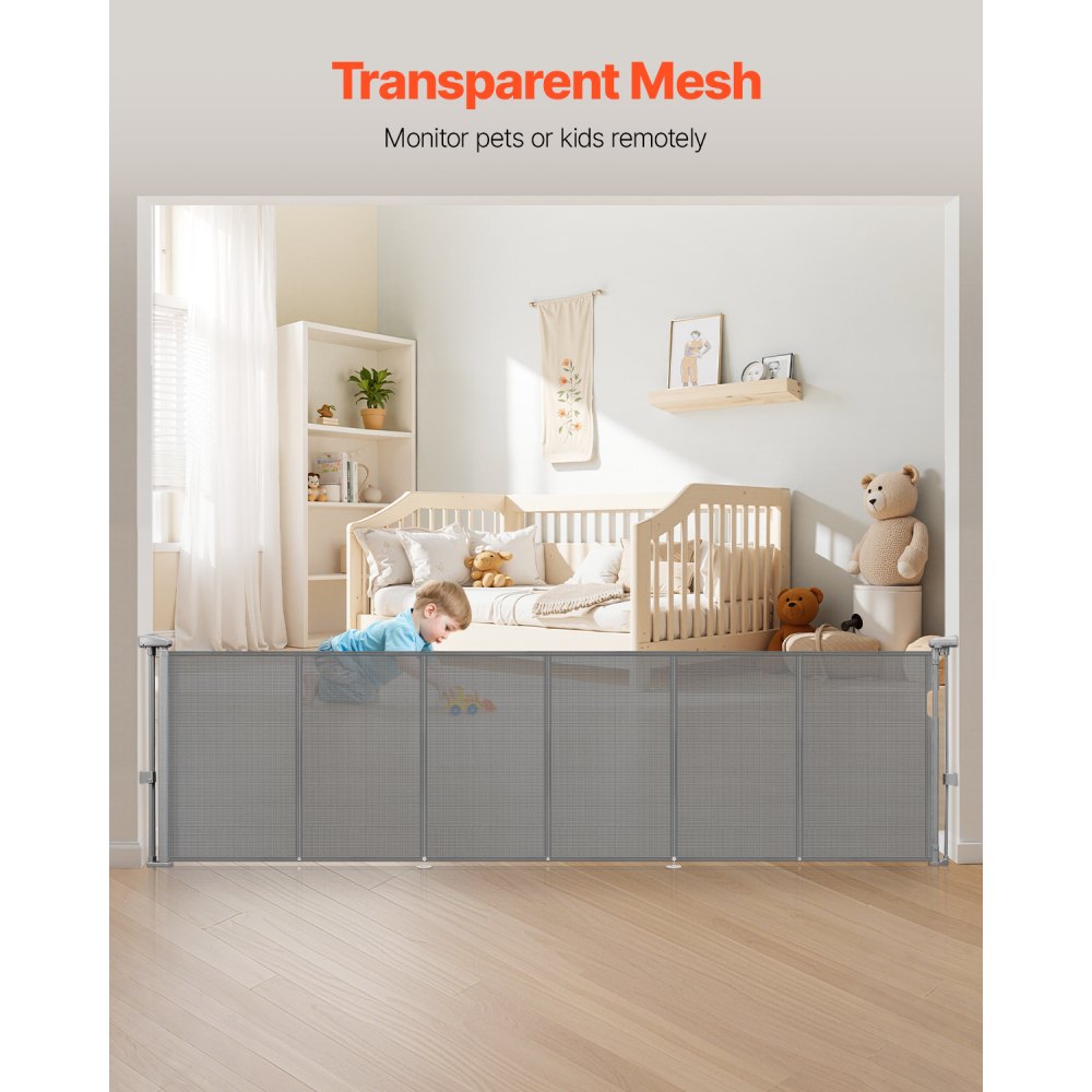 VEVOR Retractable Baby Gate, 870 mm Tall, Extends up to 2800 mm Wide, Retractable Gate for Kids or Pets, Mesh Material, Easy to Install for Indoor Stairs, Doorways, Hallways, Playrooms, Gray