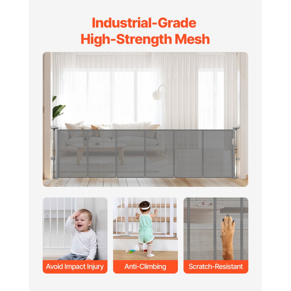 VEVOR Retractable Baby Gate, 870 mm Tall, Extends up to 2800 mm Wide, Retractable Gate for Kids or Pets, Mesh Material, Easy to Install for Indoor Stairs, Doorways, Hallways, Playrooms, Gray