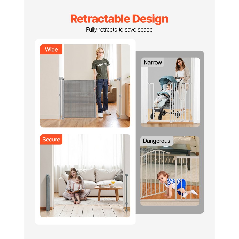 VEVOR Retractable Baby Gate, 870 mm Tall, Extends up to 2800 mm Wide, Retractable Gate for Kids or Pets, Mesh Material, Easy to Install for Indoor Stairs, Doorways, Hallways, Playrooms, Gray