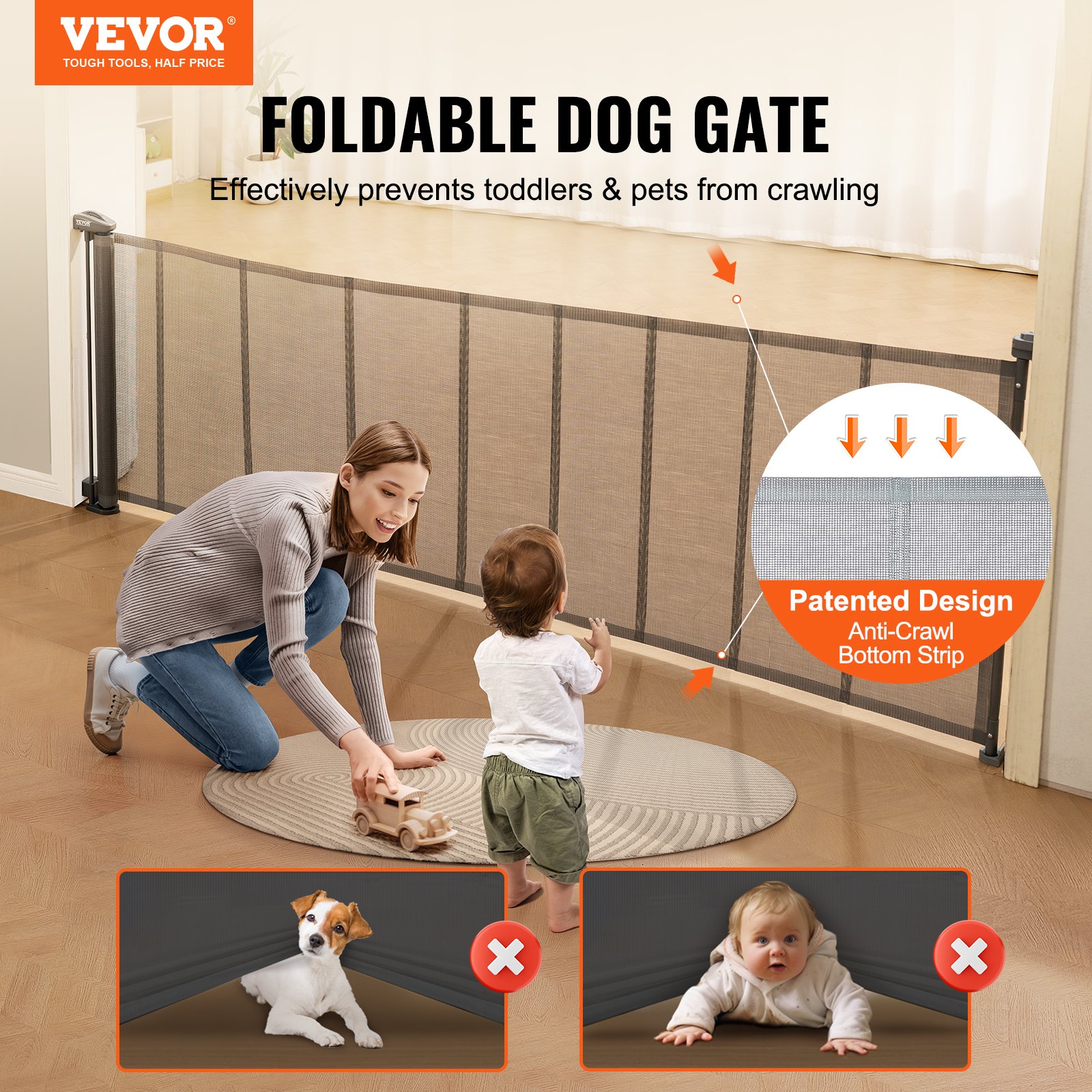 VEVOR Retractable Baby Gate, 34.2" Tall Mesh Baby Gate, Extends up to 116.1" Wide Retractable Gate for Kids or Pets, Retractable Dog Gates for Indoor Stairs, Doorways, Hallways, Playrooms, Gray