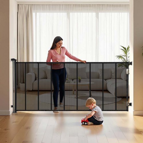 VEVOR Retractable Baby Gate, Extends to 5150 mm Extra Wide, 990 mm Tall, with Reinforced Fiberglass Strips, Avoids Crawling Through, Mesh Dog Gate for Decks, Doorways, Garages, Indoor, Black