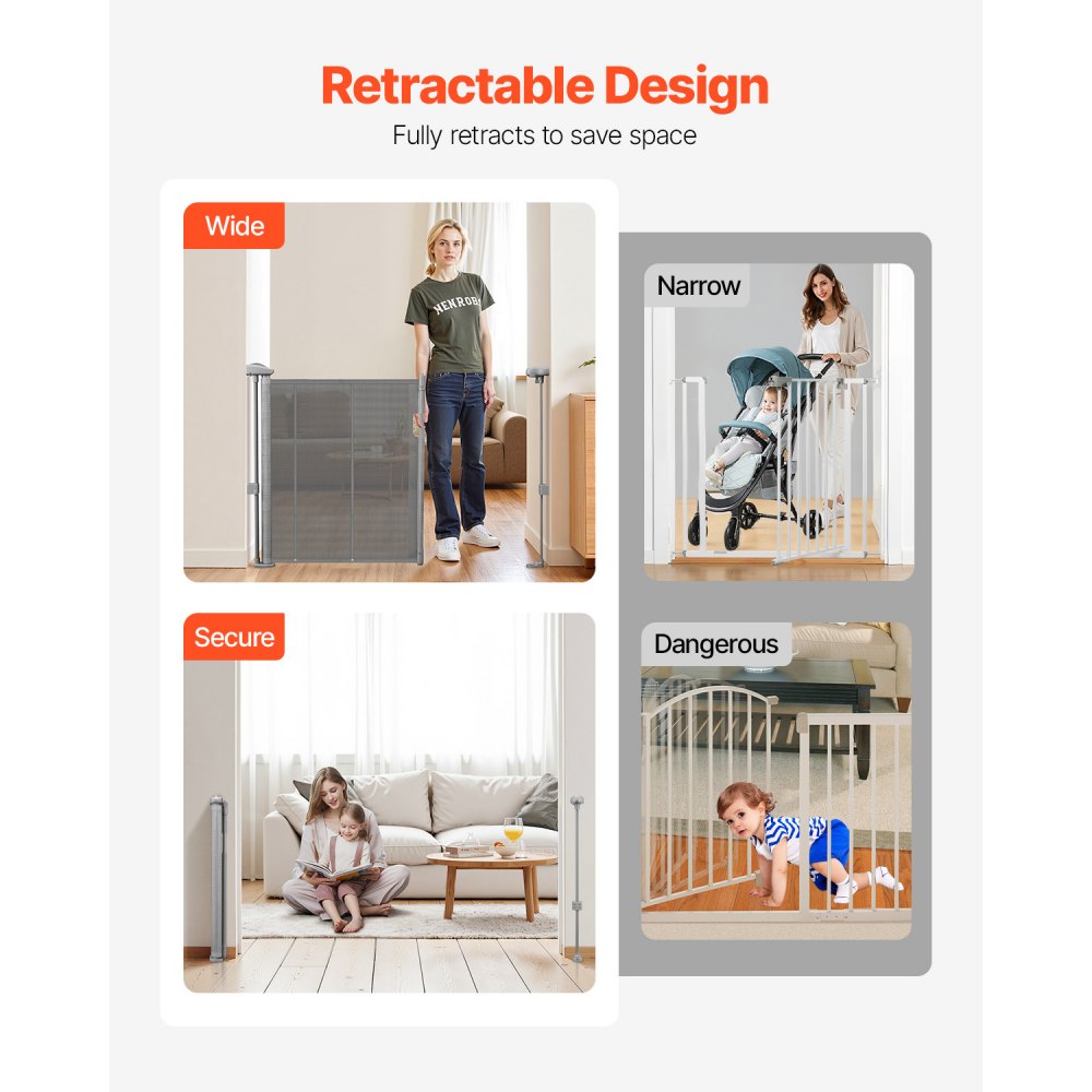VEVOR Retractable Baby Gate, 870 mm Tall, Extends up to 1400 mm Wide, Retractable Gate for Kids or Pets, Mesh Material, Easy to Install for Indoor Stairs, Doorways, Hallways, Playrooms, Gray