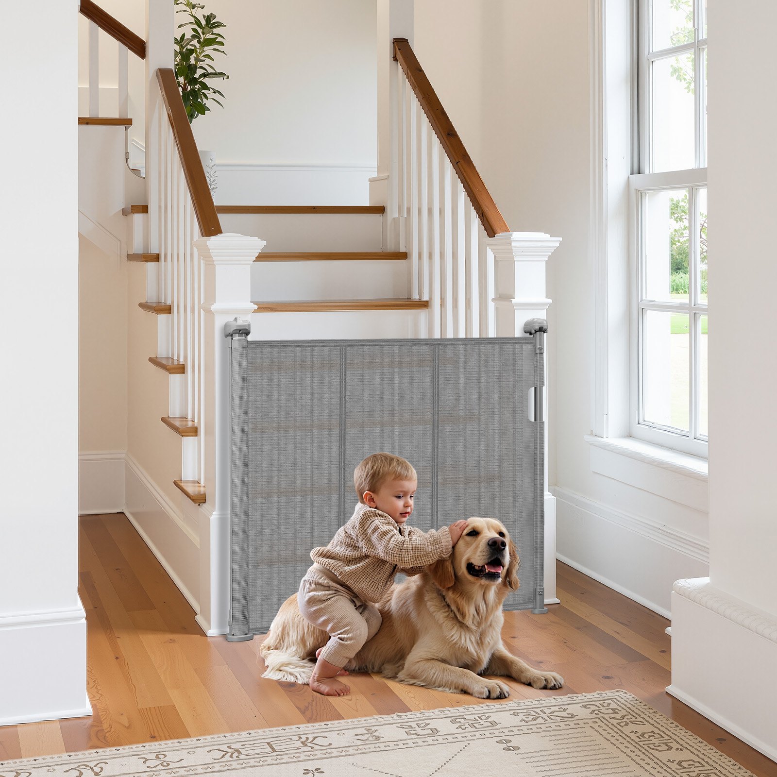 VEVOR Retractable Baby Gate, 870 mm Tall, Extends up to 1400 mm Wide, Retractable Gate for Kids or Pets, Mesh Material, Easy to Install for Indoor Stairs, Doorways, Hallways, Playrooms, Gray