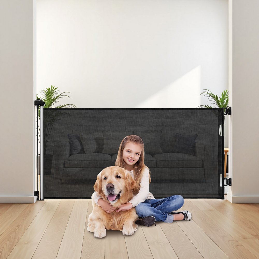 VEVOR Retractable Baby Gate, Extends to 1430 mm Wide, 795 mm Tall, with Security Lock, Easy to Use, Walk Through Without Tripping, Mesh Dog Gate for Stairs, Hallways, Indoor/Outdoor, Black