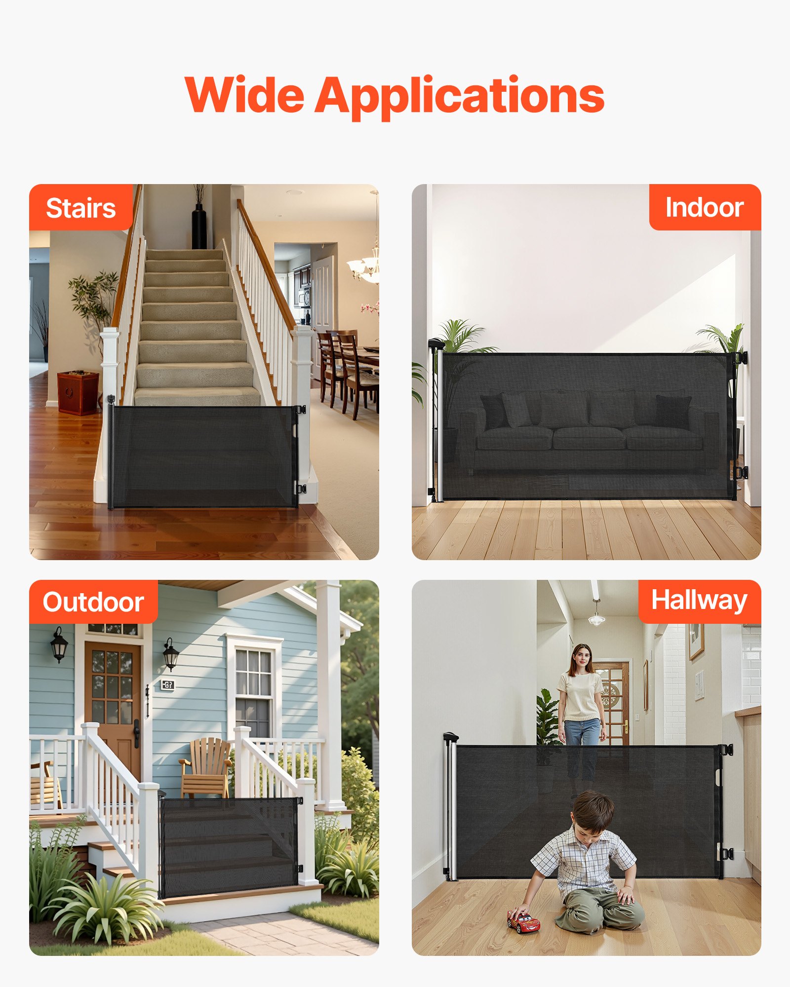 VEVOR Retractable Baby Gate, Extends to 1430 mm Wide, 795 mm Tall, with Security Lock, Easy to Use, Walk Through Without Tripping, Mesh Dog Gate for Stairs, Hallways, Indoor/Outdoor, Black