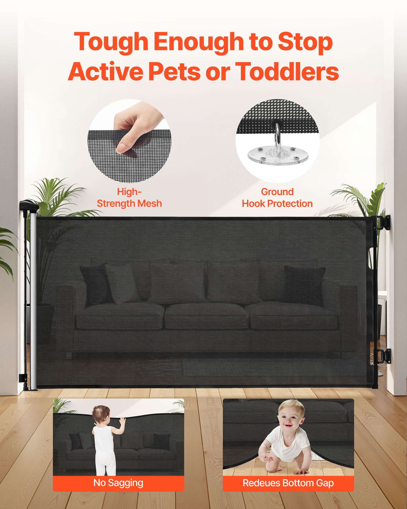 VEVOR Retractable Baby Gate, Extends to 1430 mm Wide, 795 mm Tall, with Security Lock, Easy to Use, Walk Through Without Tripping, Mesh Dog Gate for Stairs, Hallways, Indoor/Outdoor, Black