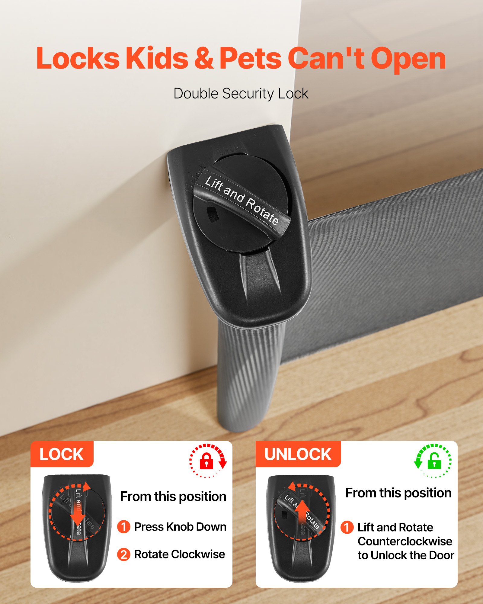 VEVOR Retractable Baby Gate, Extends to 1430 mm Wide, 795 mm Tall, with Security Lock, Easy to Use, Walk Through Without Tripping, Mesh Dog Gate for Stairs, Hallways, Indoor/Outdoor, Black
