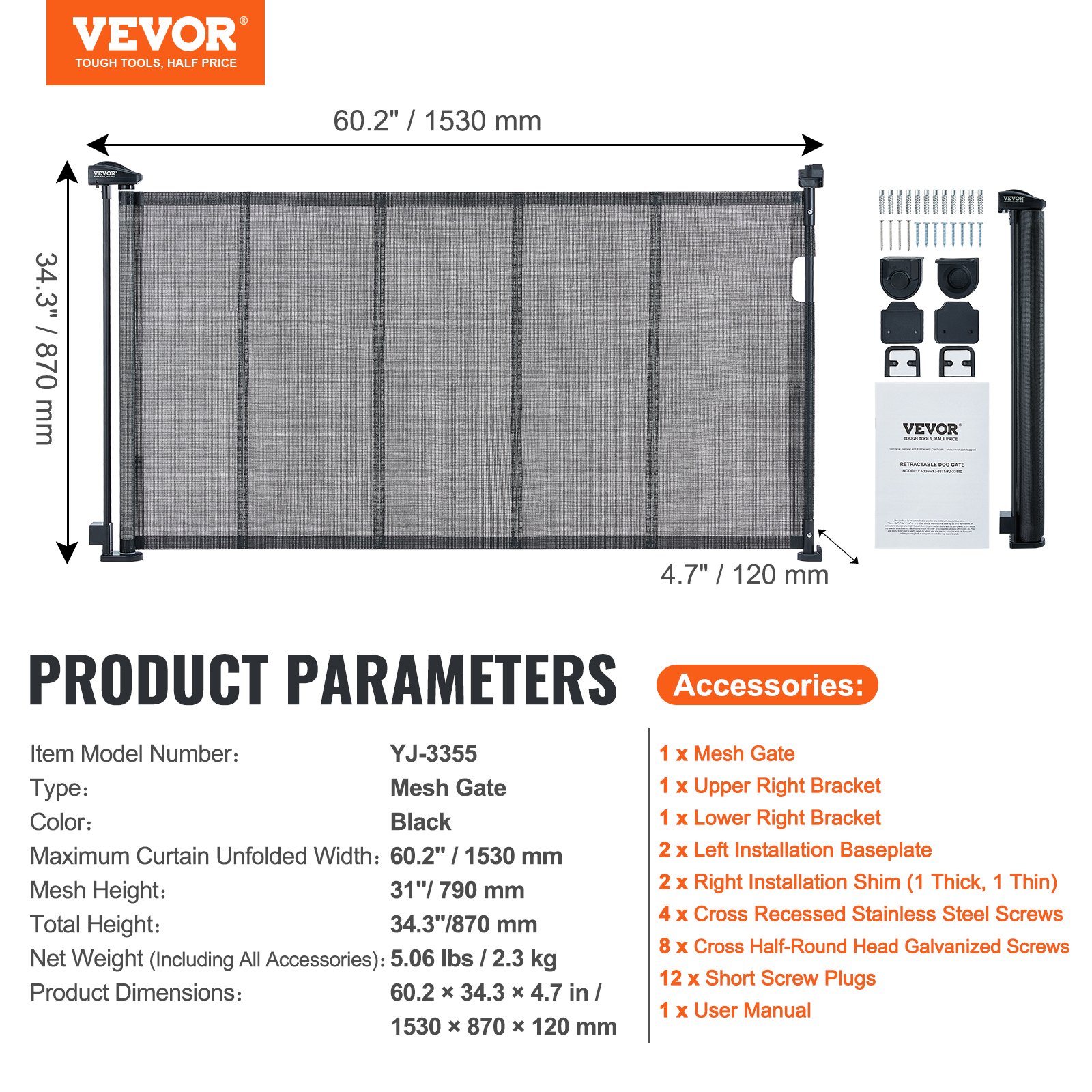 VEVOR Retractable Baby Gate, 34.2" Tall Mesh Baby Gate, Extends up to 60" Wide Retractable Gate for Kids or Pets, Retractable Dog Gates for Indoor Stairs, Doorways, Hallways, Playrooms, Black