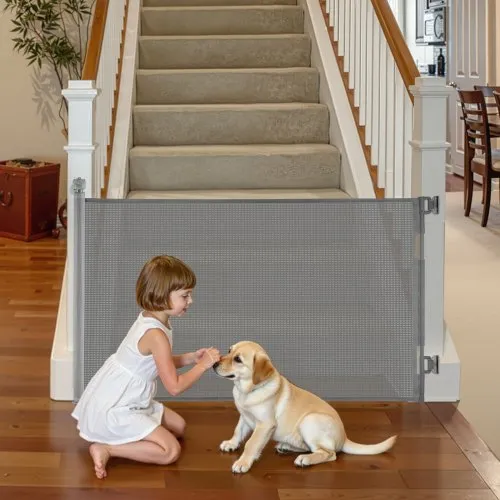VEVOR Retractable Baby Gate, Extends to 1450 mm Wide, 980 mm Tall, with Security Lock, Easy to Use, Walk Through Without Tripping, Mesh Dog Gate for Stairs, Hallways, Indoor/Outdoor, Gray