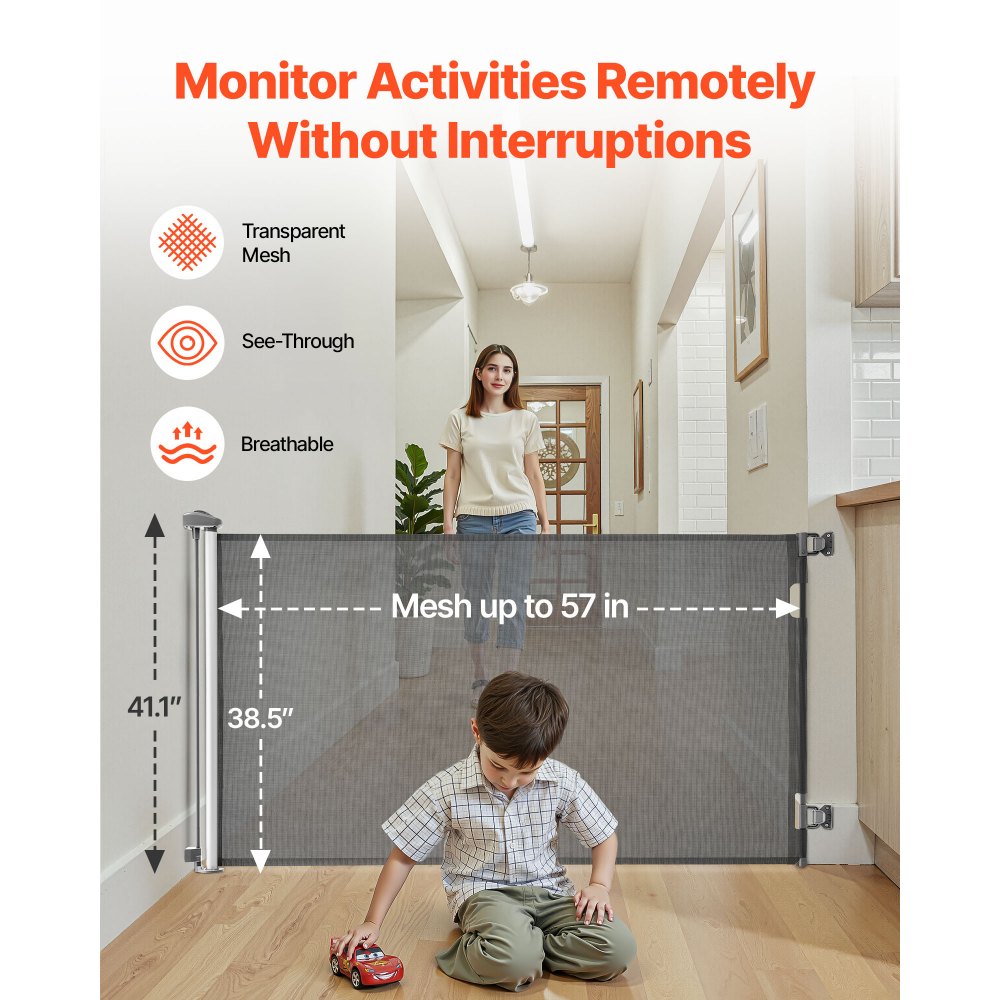 VEVOR Retractable Baby Gate, Extends to 1450 mm Wide, 980 mm Tall, with Security Lock, Easy to Use, Walk Through Without Tripping, Mesh Dog Gate for Stairs, Hallways, Indoor/Outdoor, Gray