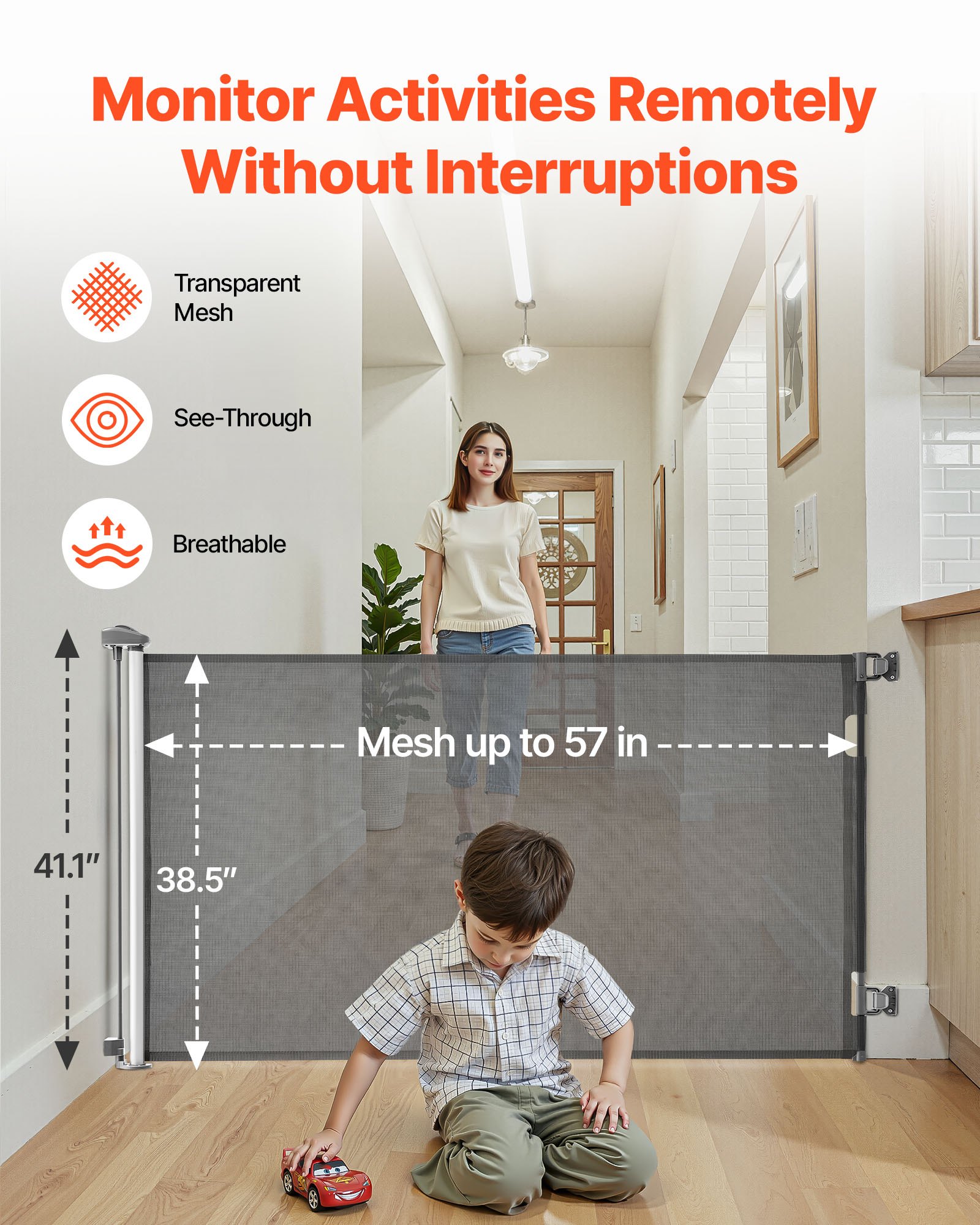 VEVOR Retractable Baby Gate, Extends to 1450 mm Wide, 980 mm Tall, with Security Lock, Easy to Use, Walk Through Without Tripping, Mesh Dog Gate for Stairs, Hallways, Indoor/Outdoor, Gray