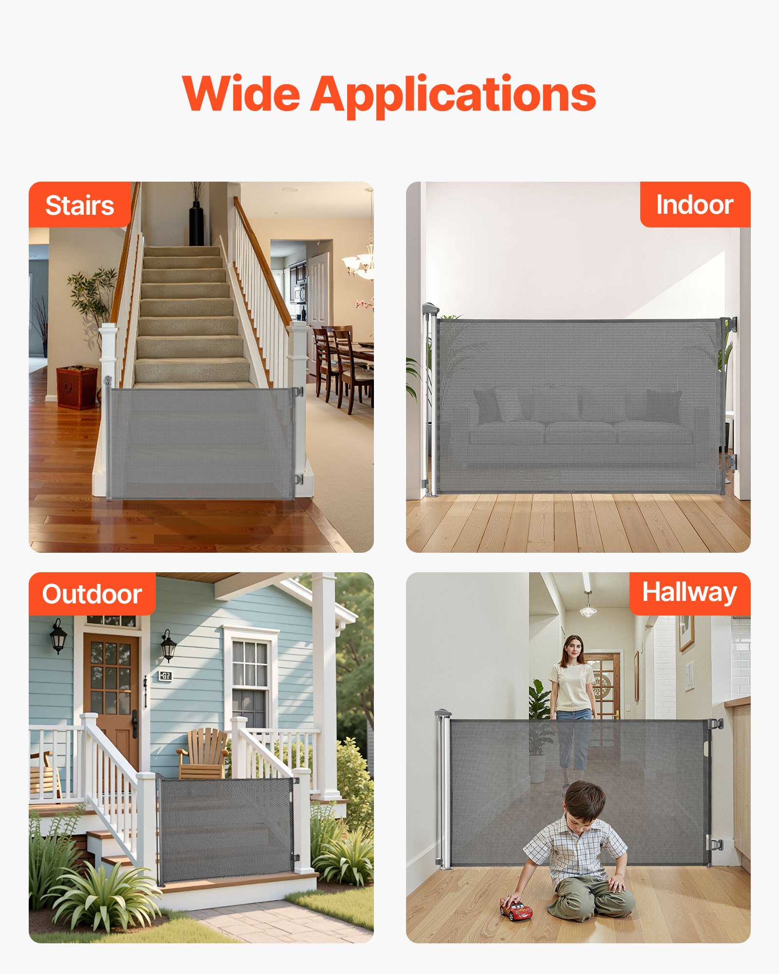 VEVOR Retractable Baby Gate, Extends to 1450 mm Wide, 980 mm Tall, with Security Lock, Easy to Use, Walk Through Without Tripping, Mesh Dog Gate for Stairs, Hallways, Indoor/Outdoor, Gray
