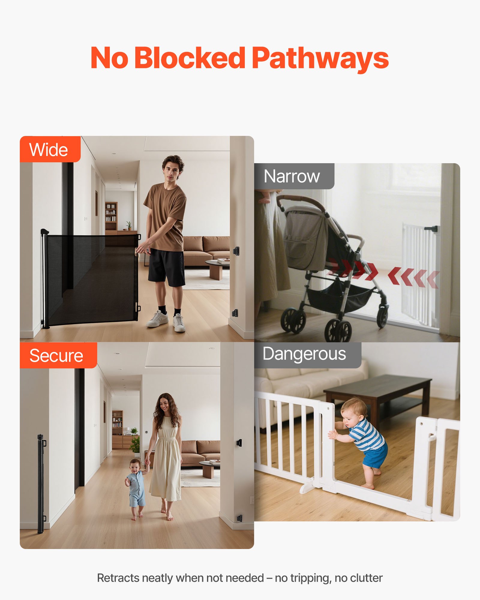 VEVOR Retractable Baby Gate, Extends to 1450 mm Wide, 980 mm Tall, with Security Lock, Easy to Use, Walk Through Without Tripping, Mesh Dog Gate for Stairs, Hallways, Indoor/Outdoor, Black