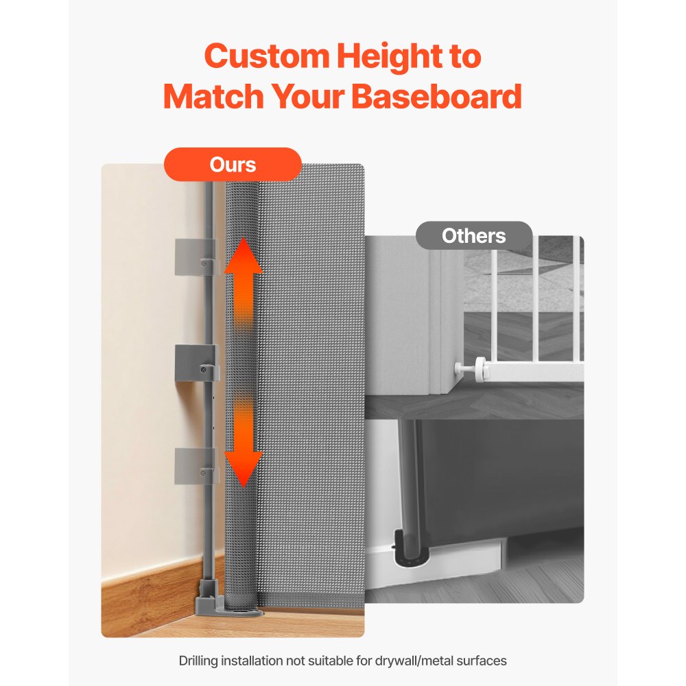 VEVOR Retractable Baby Gate, Extends to 1430 mm Wide, 795 mm Tall, with Security Lock, Easy to Use, Walk Through Without Tripping, Mesh Dog Gate for Stairs, Hallways, Indoor/Outdoor, Gray