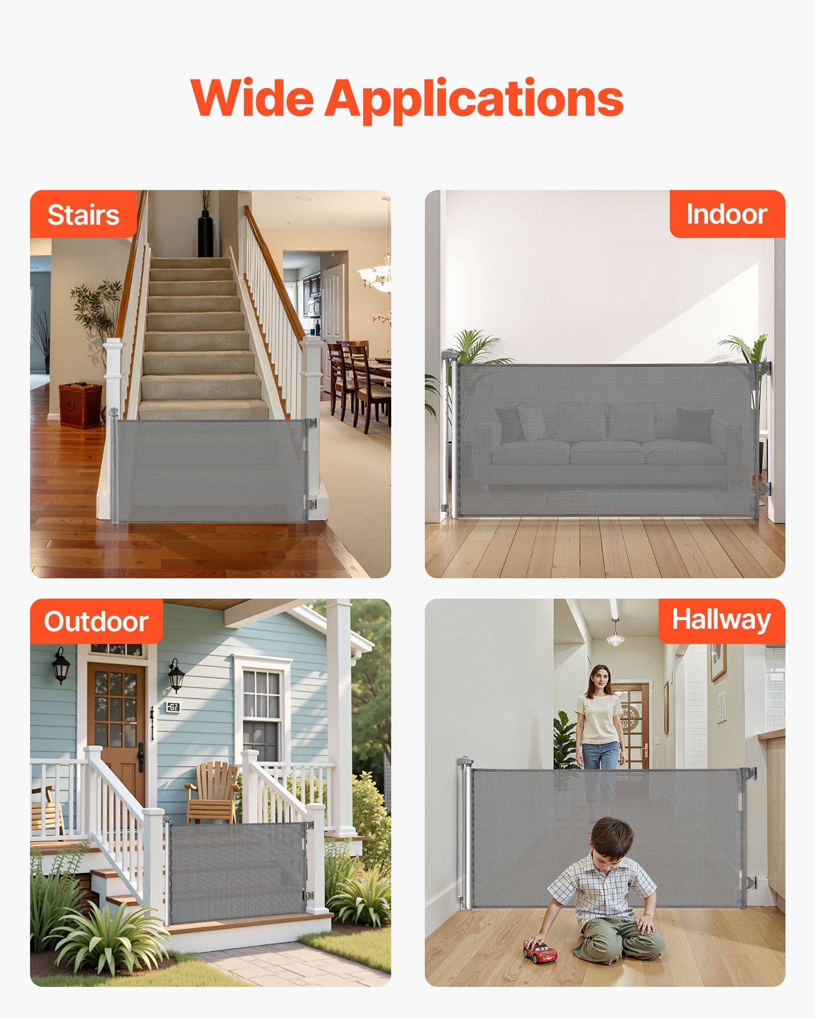 VEVOR Retractable Baby Gate, Extends to 1430 mm Wide, 795 mm Tall, with Security Lock, Easy to Use, Walk Through Without Tripping, Mesh Dog Gate for Stairs, Hallways, Indoor/Outdoor, Gray