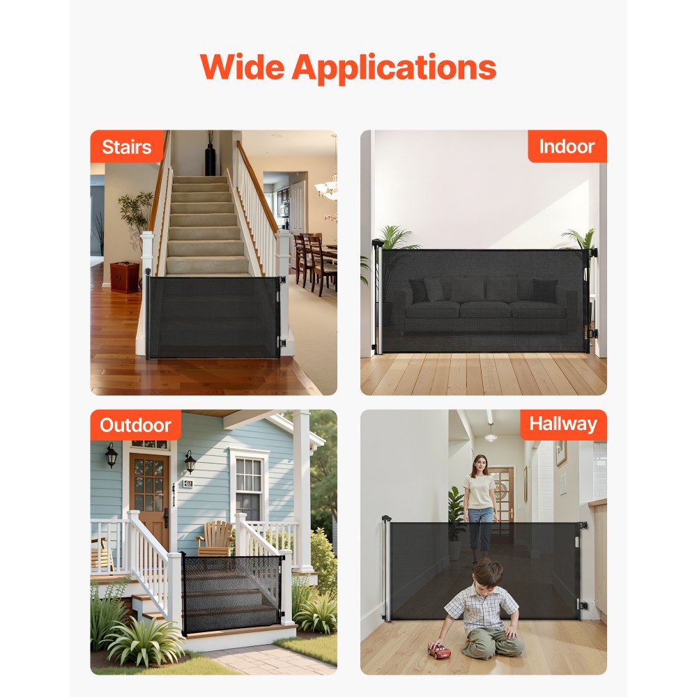 VEVOR Retractable Baby Gate, Extends to 1850 mm Wide, 980 mm Tall, with Security Lock, Easy to Use, Walk Through Without Tripping, Mesh Dog Gate for Stairs, Hallways, Indoor/Outdoor, Black