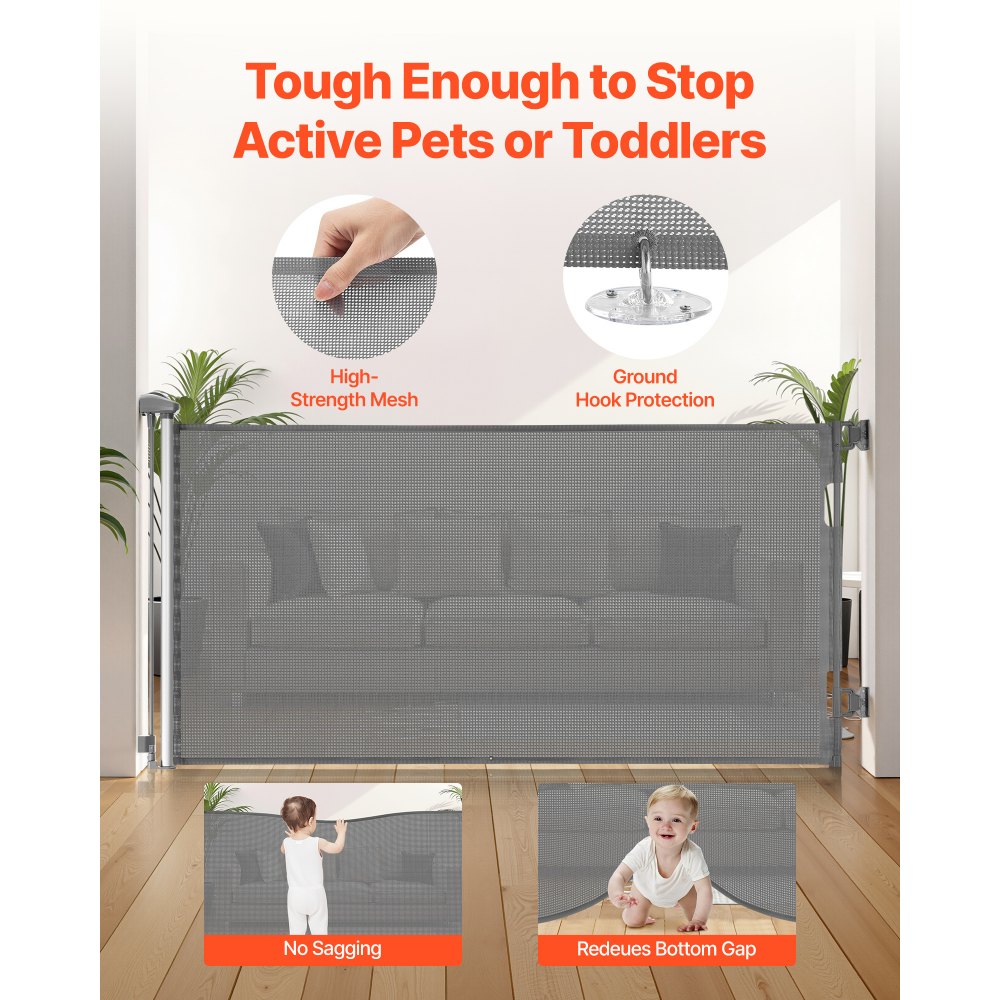 VEVOR Retractable Baby Gate, Extends to 1850 mm Wide, 795 mm Tall, with Security Lock, Easy to Use, Walk Through Without Tripping, Mesh Dog Gate for Stairs, Hallways, Indoor/Outdoor, Gray